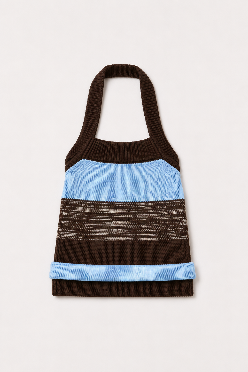 Halter Top in Knitted Misty Blue and Brown with a Marl wide stripe on a creamy background.