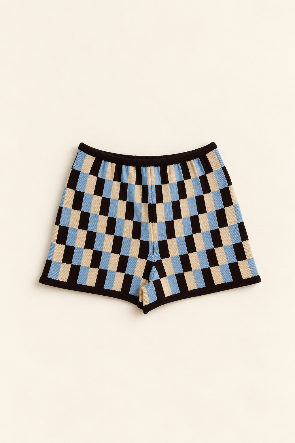 Checkered knit shorts in blue, coffee and cream color with brown waistband and brown hem edge.